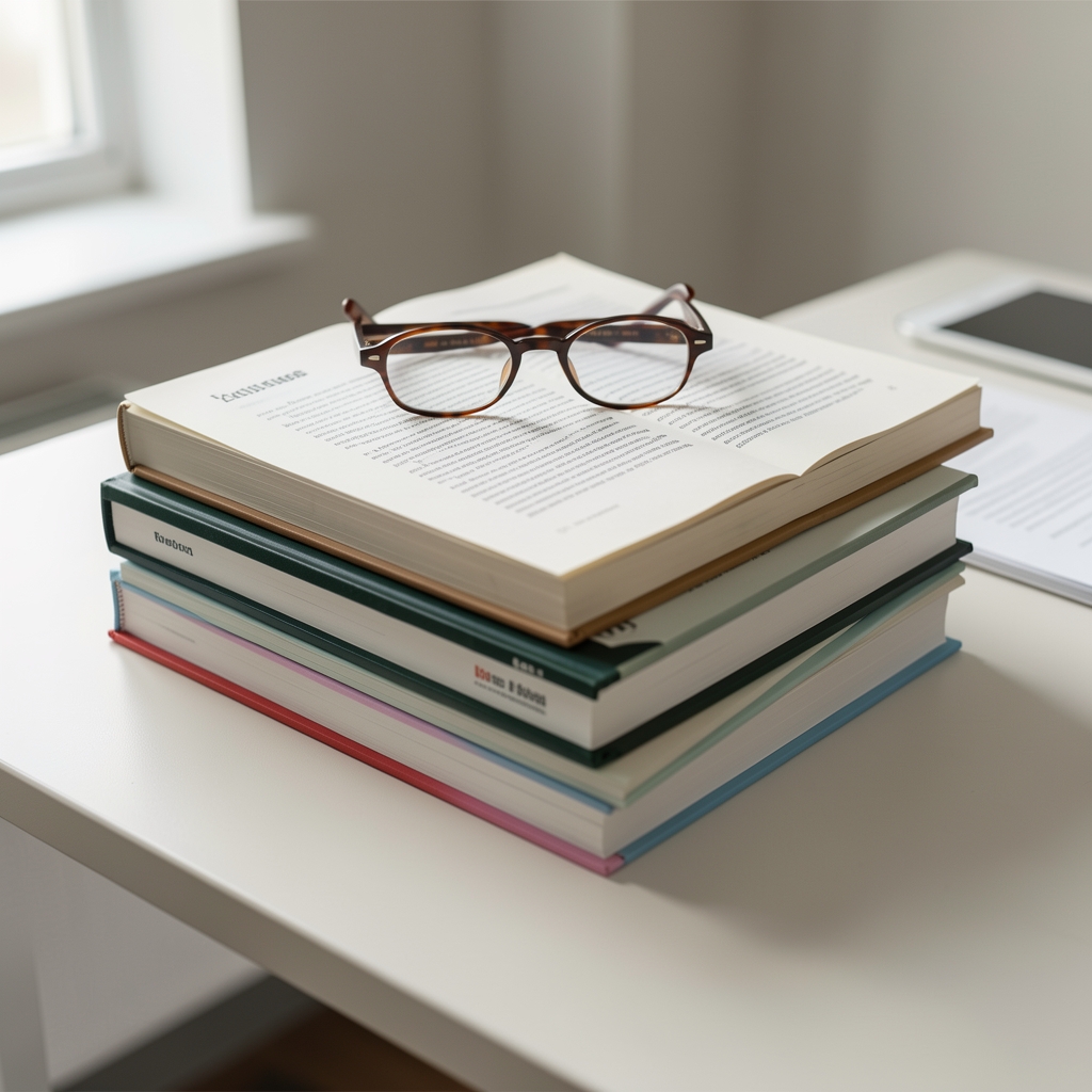 Stack of open reference books and printed research documents on a clean desk surface, reading glasses resting on top, a setting of careful fact-checking and information review