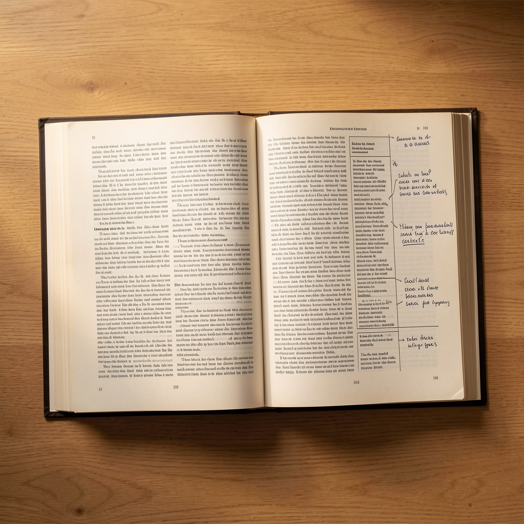 Overhead view of an open hardcover reference book with dense typeset text and marginal annotations, resting on a smooth wooden surface in warm, indirect natural light, suggesting scholarly reference work